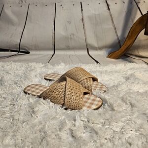 Woven Criss Cross Slide Sandals Gingham Print Insole Summer Slip On‎ Shoes